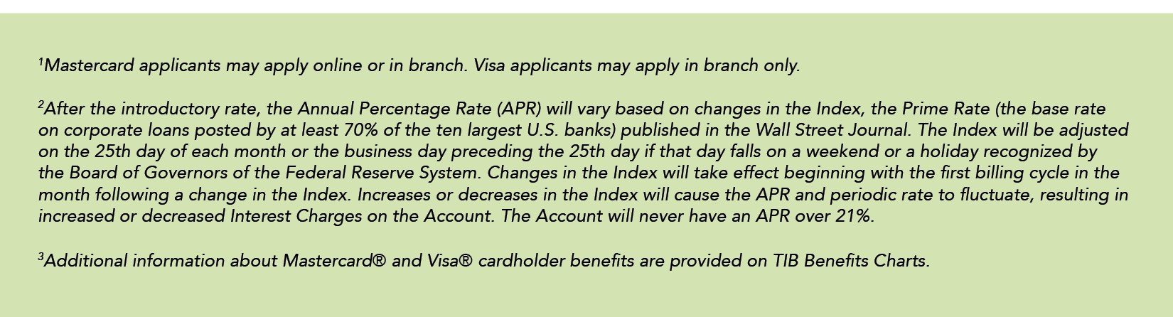 Terms and conditions section for Traditional Bank consumer credit cards