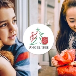 Child hugging a teddy bear and another child opening a gift with the words Angel Tree and the Salvation Army logo.
